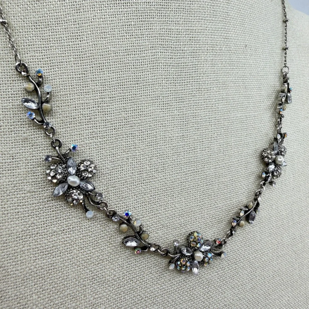 Gunmetal Floral Rhinestone Faux Pearl Necklace Cottagecore Statement Jewelry